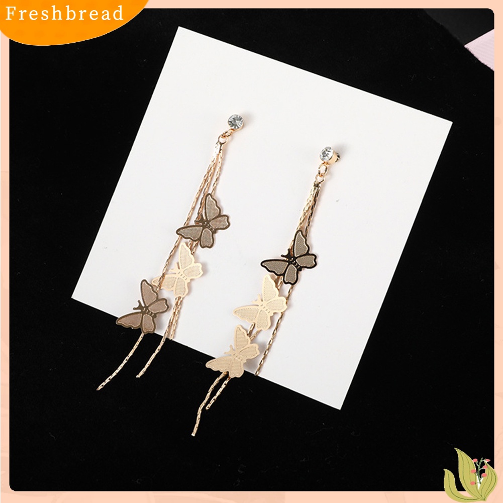 < Freshbread > Fashion Wanita Kupu-Kupu Rumbai Panjang Menjuntai Berlian Imitasi Stud Earrings Jewelry