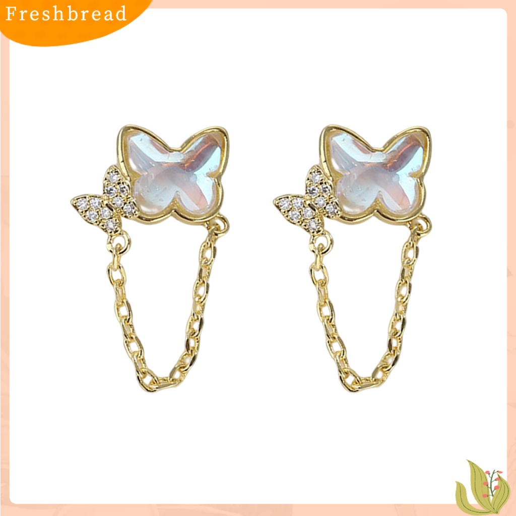 &lt; Freshbread &gt; 1pasang Ear Studs Mini Faux Moonstone Elegan Berlian Imitasi Tertanam Kupu-Kupu Rantai Wanita Anting Perhiasan Fashion