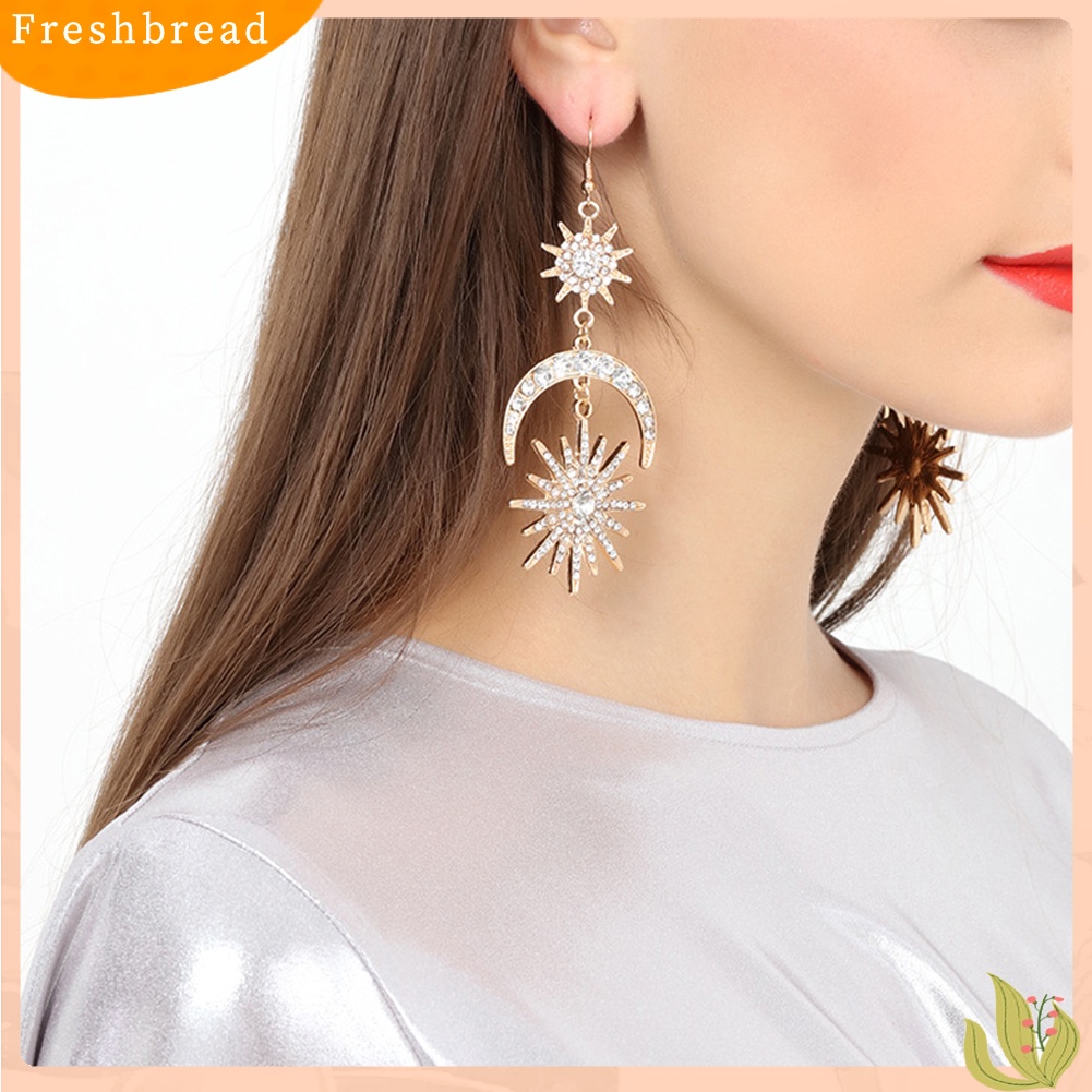 &lt; Freshbread &gt; Mewah Matahari Bulan Drop Anting-Anting Berlian Imitasi Mengkilap Ear Hook Boho Statement Jewelry