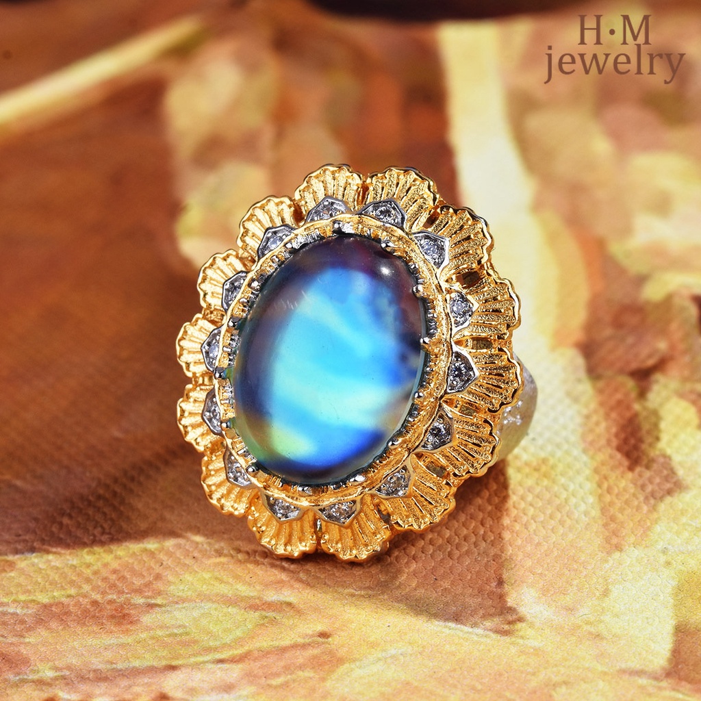 S925 Perak Pola Anyaman Ukir Emas Gambar Moonstone Cincin Warna Ganda Emas Renda Ornamen