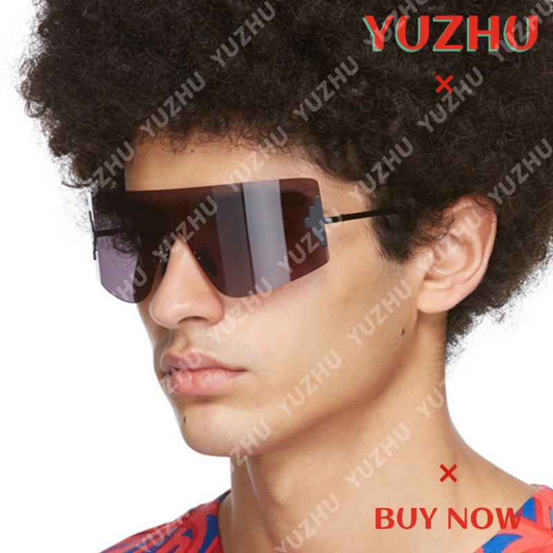 (YUZHU) One Piece Kacamata Hitam Berbentuk T Tanpa Bingkai Untuk Wanita Hip Hop Fashion Y2K Oversized Frame Sunglasses Untuk Pria