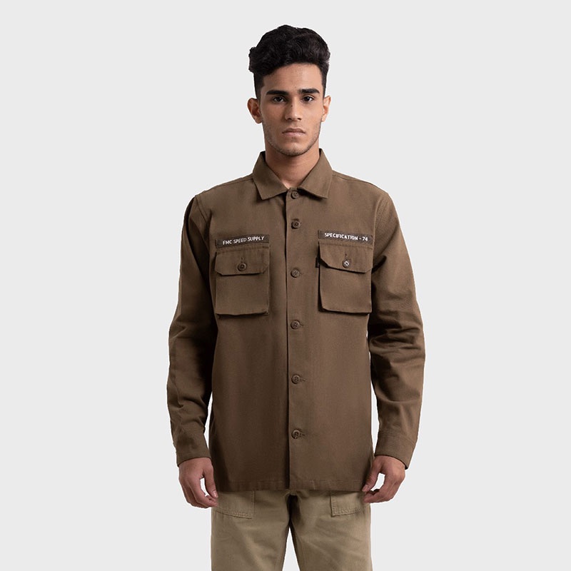 FMC Jaket Kemeja berkerah semi parka dengan saku Pria Polos Katun Atasan Outer Jacket Cotton Cowok B