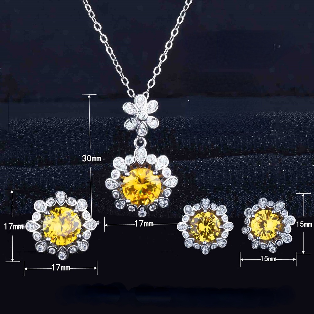 Goldkingdom Aksesoris Perhiasan Fashion Ready Stock Berlian Kuning Bunga Matahari Set 3karat Bunga Liontin Kalung Cincin Terbuka Anting Perempuan