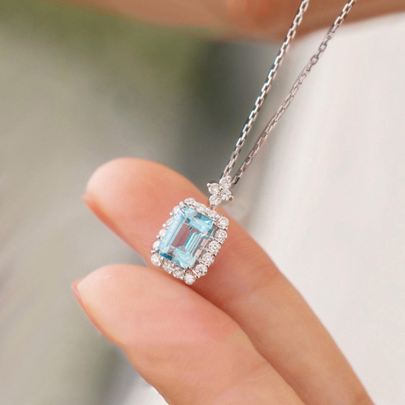 Persegi Biru Muda Cubic Zirconia Kalung Wanita Pertunangan Pernikahan Aksesoris Briliant Liontin Kalung Fashion Perhiasan