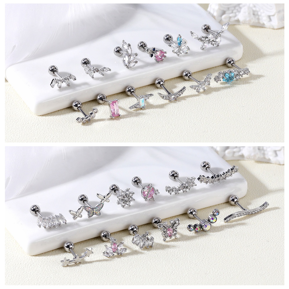 1pc Butterfly Stainless Steel Cartilage Stud Earrings Pink Heart Crystal Earring Bunga Telinga Stud Telinga Baris Helix Tragus Piercing