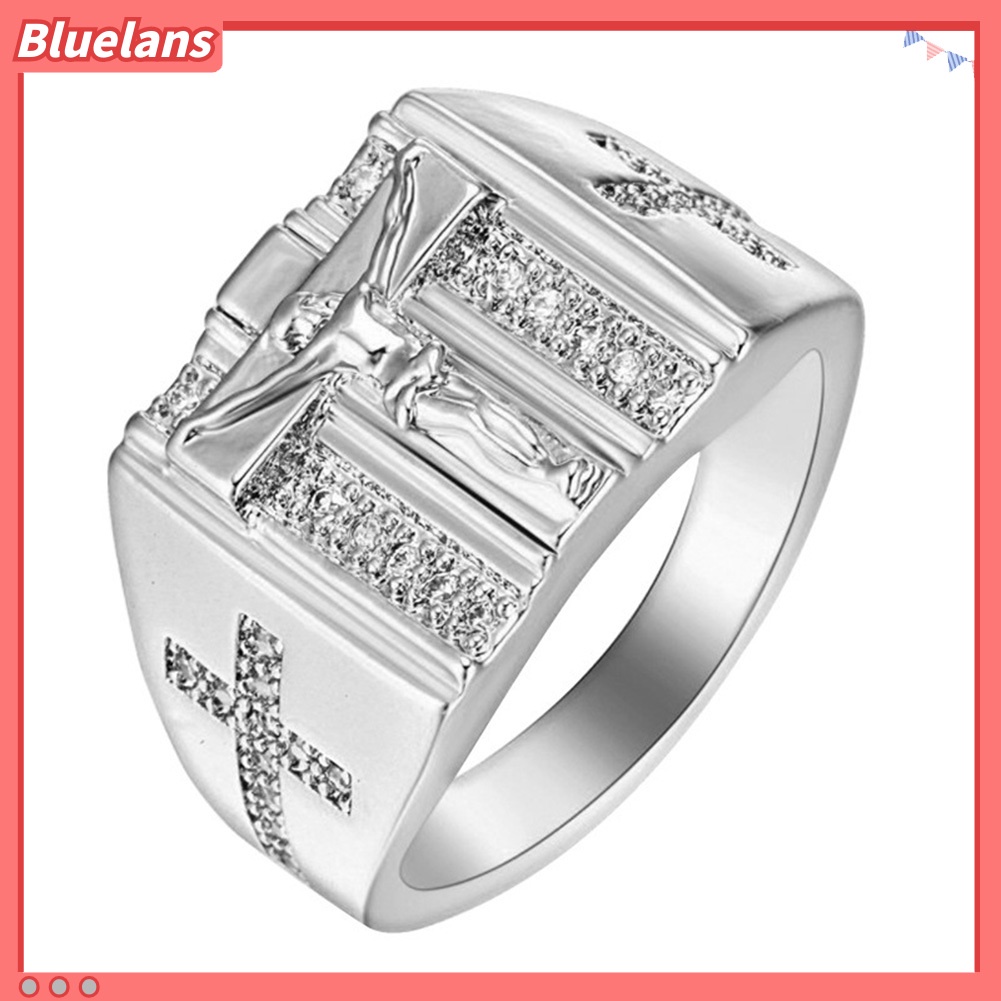 {In Stock} Chic Salib Yesus Ukir Cubic Zirconia Bertatahkan Cincin Unisex Perhiasan Pernikahan Hadiah