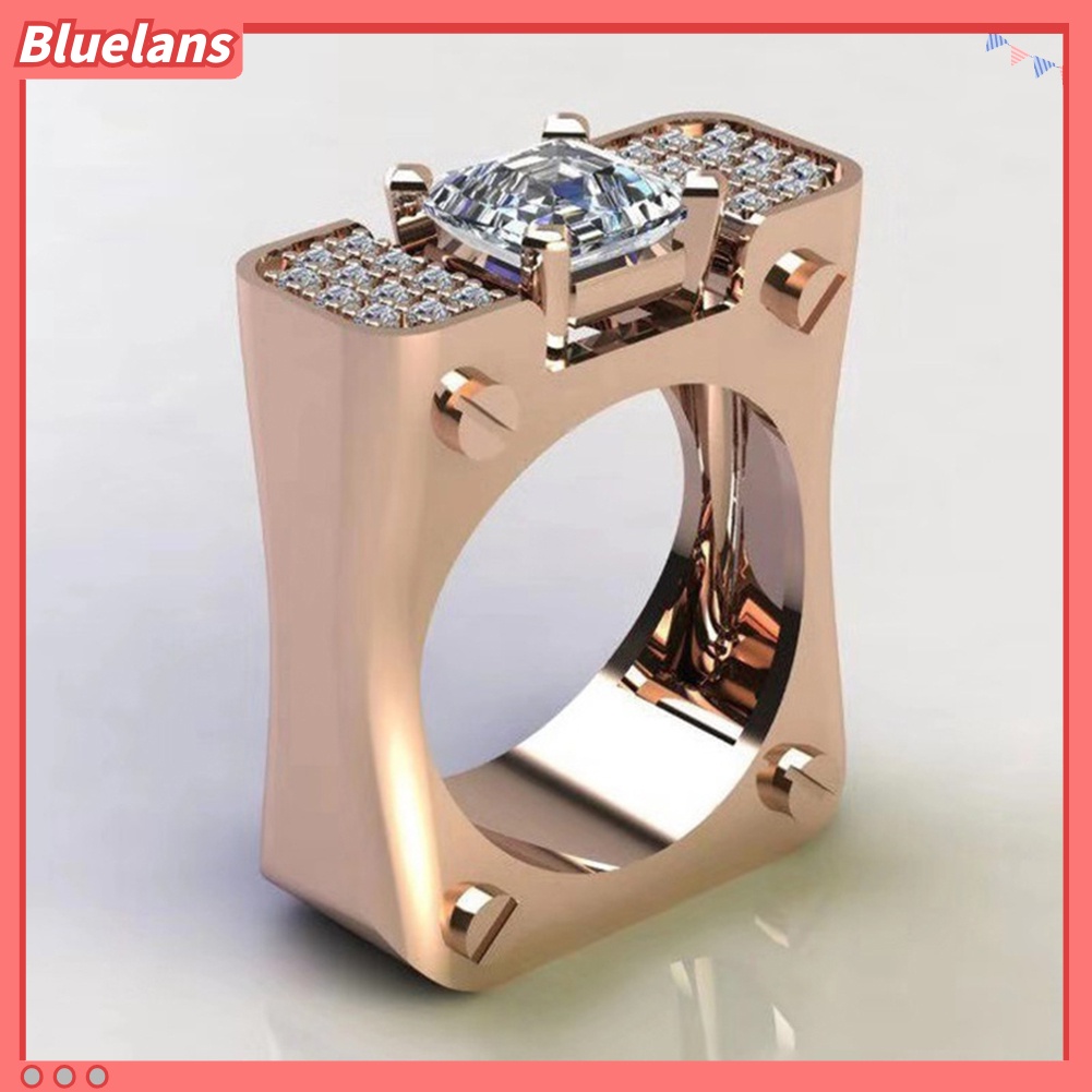 {In Stock} Fashion Wanita Berlian Imitasi Bertatahkan Persegi Geometris Jari Cincin Pesta Perhiasan Hadiah