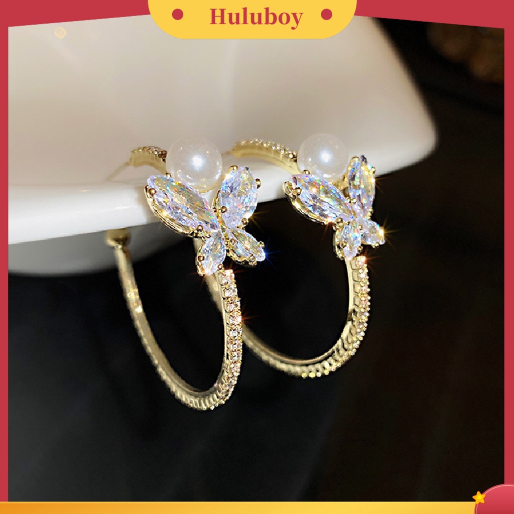 {Ready Stock} 1pasang Anting Pejantan Mutiara Imitasi Berlian Imitasi Bertatahkan Fashion Perhiasan Kupu-Kupu Berbentuk C Anting Tindik Wanita Perhiasan