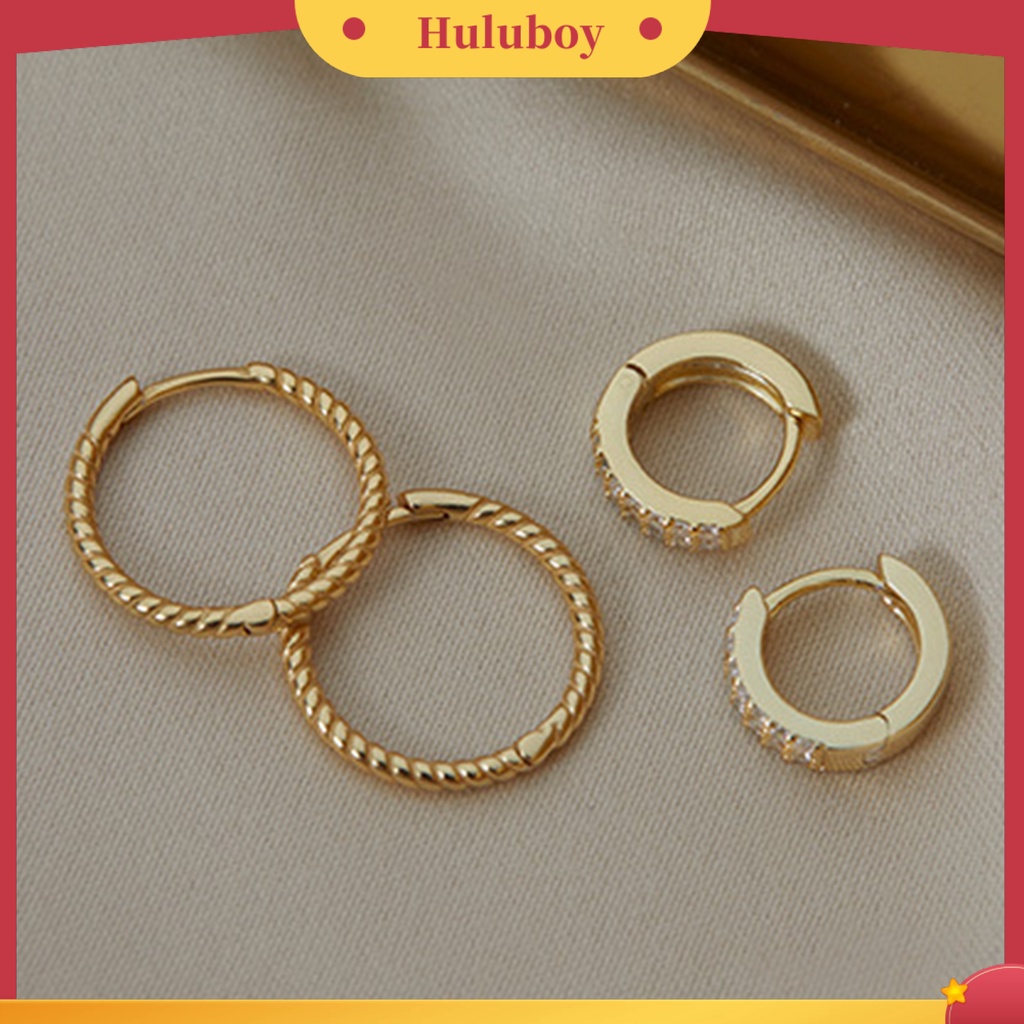 {Ready Stock} 1pasang Anting Hoop Tembaga Geometris Cubic Zirconia Lingkaran Kepang Hoop Stud Earring Untuk Kehidupan Sehari-Hari