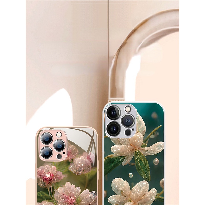 IPHONE Baru Kristal Bunga Metalik Cat Tempered Glass Phone Case Untuk Iphone11 12 13 14 Pro Max X Xs Max Xr Shockproof Case Cover