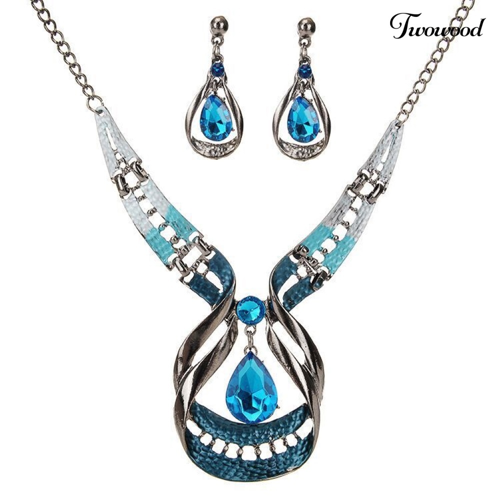 Twowood Wanita Fashion Water-drop Faux Sapphire Menjuntai Ear Studs Kalung Perhiasan Set