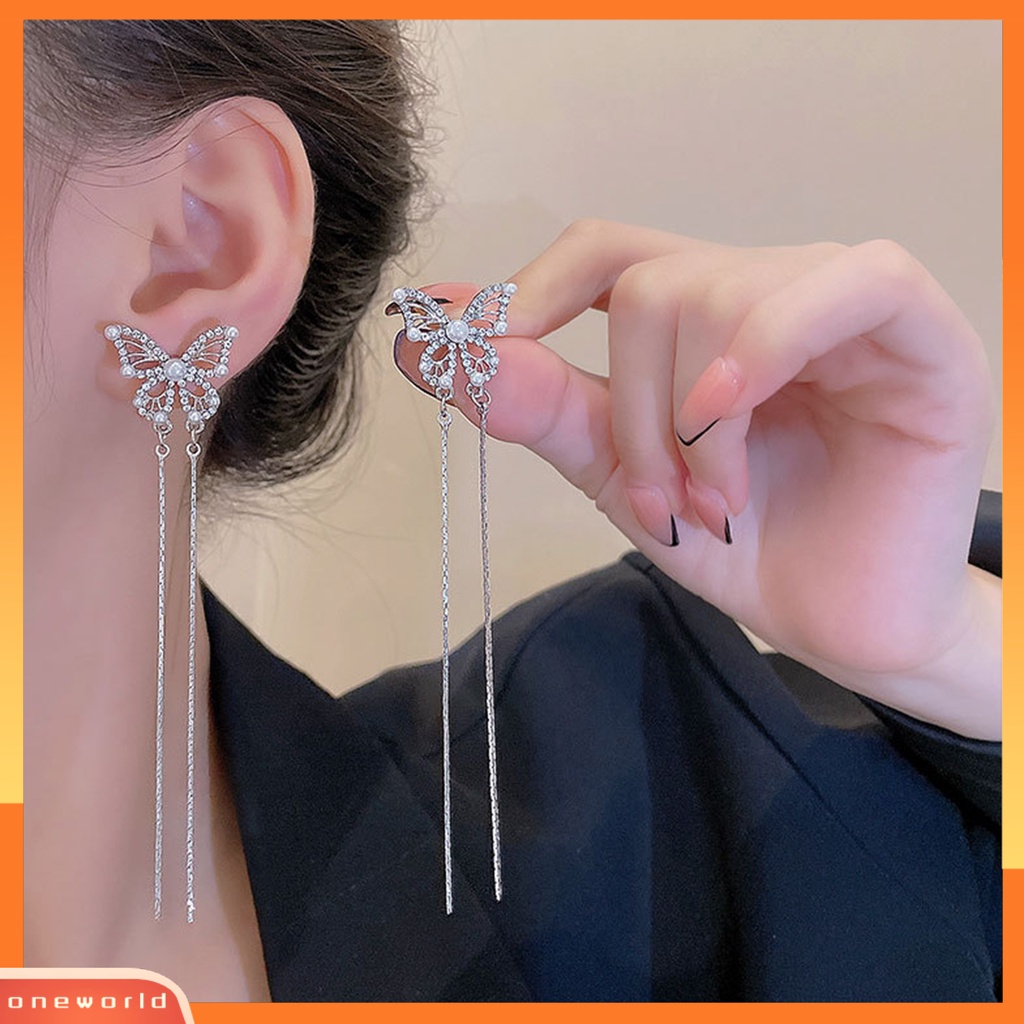 [OWR] 1pasang Drop Earrings Geometris Berlebihan Temperamen Hias Mengkilap Berdandan Elegan Klasik Berlian Imitasi Kupu-Kupu Rumbai Anting Perhiasan Fashion