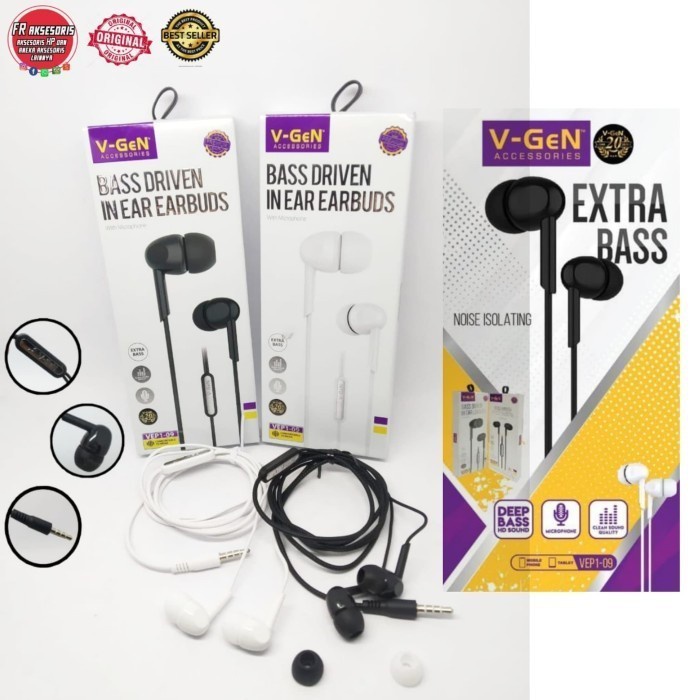 EARPHONE V-GEN EXTRA BASS VEP1-09 WIRED HEADSET ORIGINAL GARANSI RESMI