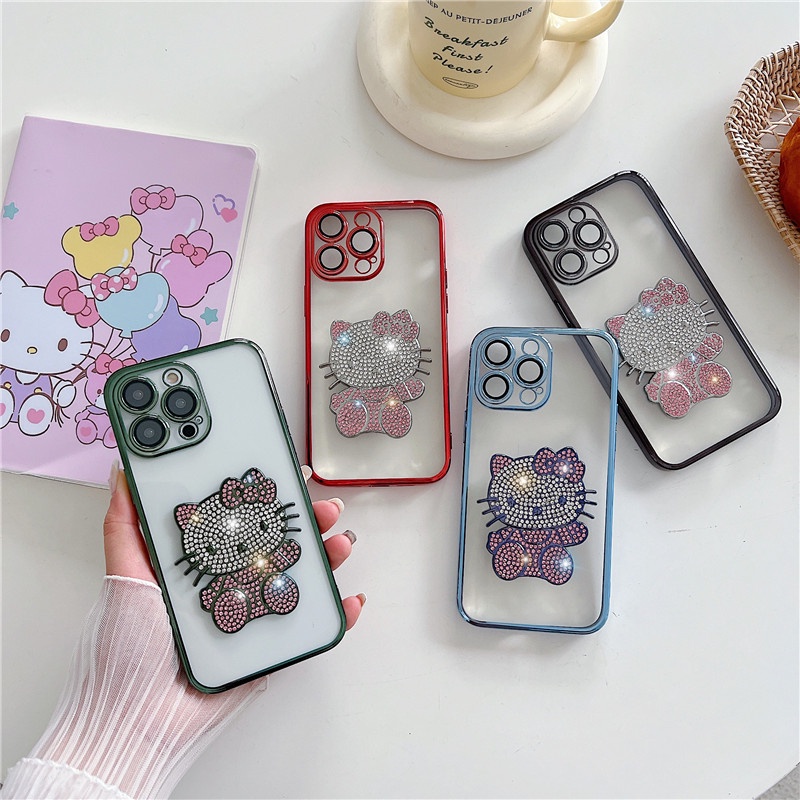 Casing Ponsel hello kitty Kristal Mengkilap Mewah Kompatibel Untuk iphone11 12 13 14PROMAX X XS XR XSMAX 14Pro Dengan film Pelindung Lensa shockproof back cover casing