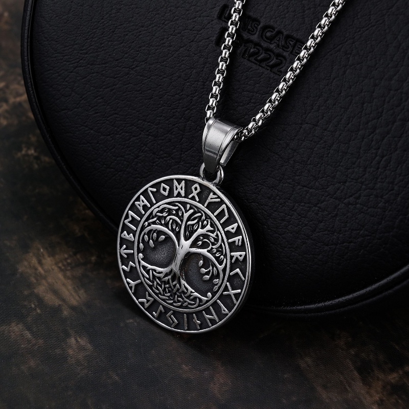 [X C Kalung] Baru Silvery Vintage Viking Rune Life Tree Pendant Punk Hip Hop Stainless Steel Kalung Hadiah Pesta Ulang Tahun Untuk Pria Dan Wanita