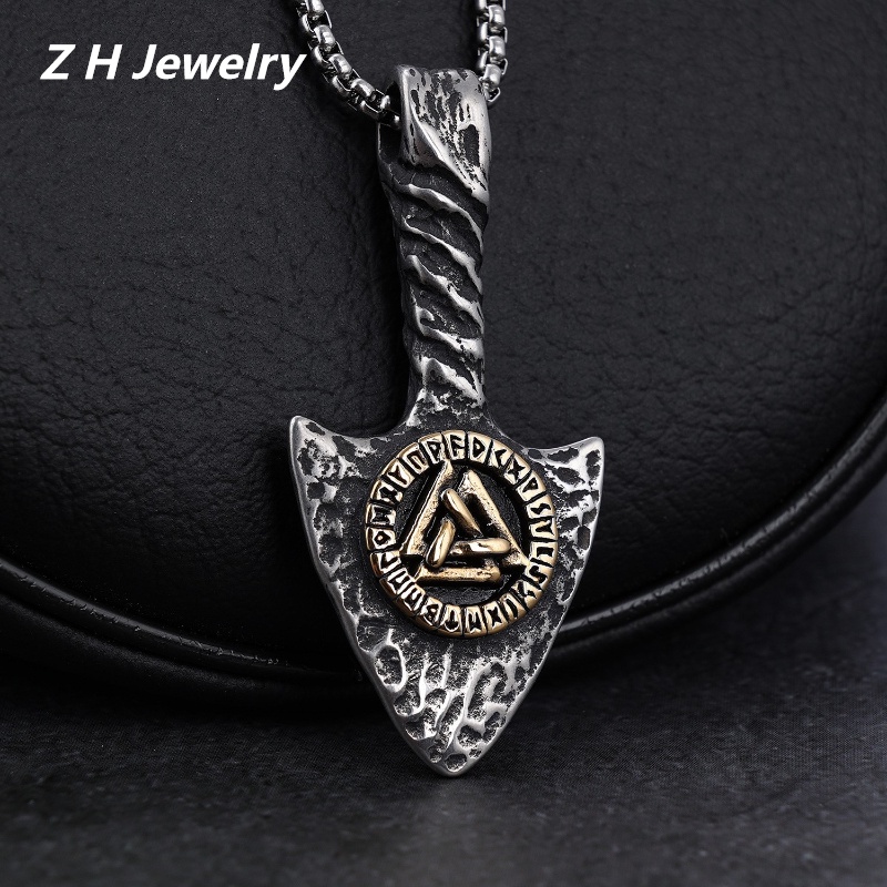 [Z H Perhiasan] Vintage Nordic Viking Rune Tombak Hip Hop Liontin Pria Dan Wanita Fashion Stainless Steel Kalung Punk Pesta Rock Perhiasan Aksesoris