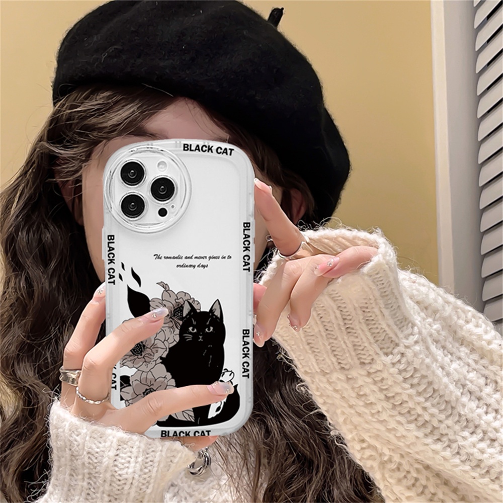 Realme 10 C55 5 5i 6i C3 C35 C33 C21Y C25Y C21 RealmeC11 C11 2021 C25 C15 C12 C2 C1 Bunga Dan Kucing Hitam Bening Lembut TPU Case Binteacase