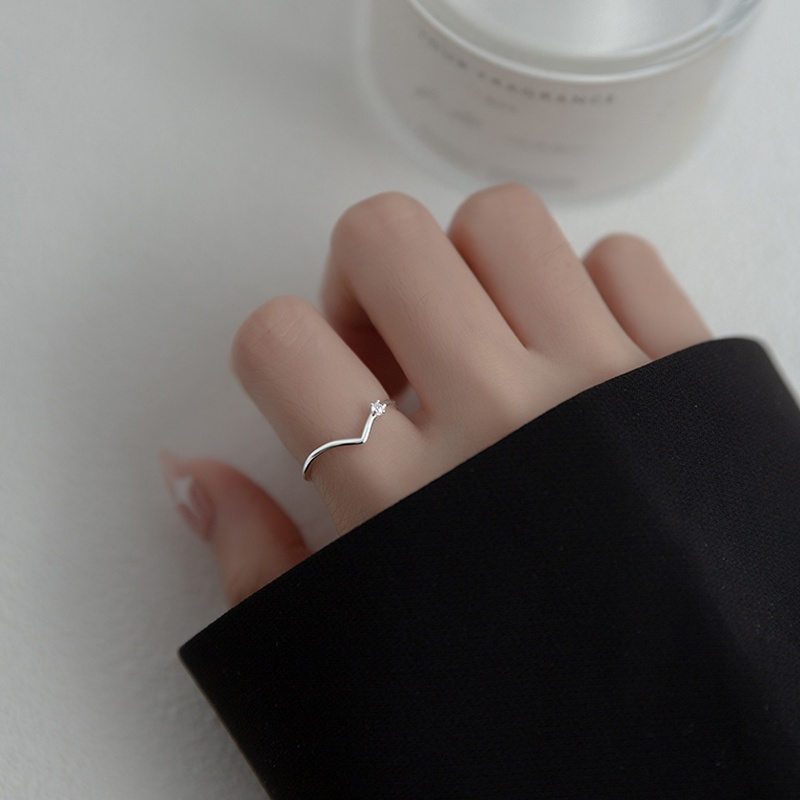 Papaozhu Chic S925 Perak Kecil Zirkon Bersinar V-shape Open Ring Untuk Wanita Gadis Temperamen Berkilau Kristal Jari Perhiasan Fashion Knuckle Ring Pakaian Sehari-Hari