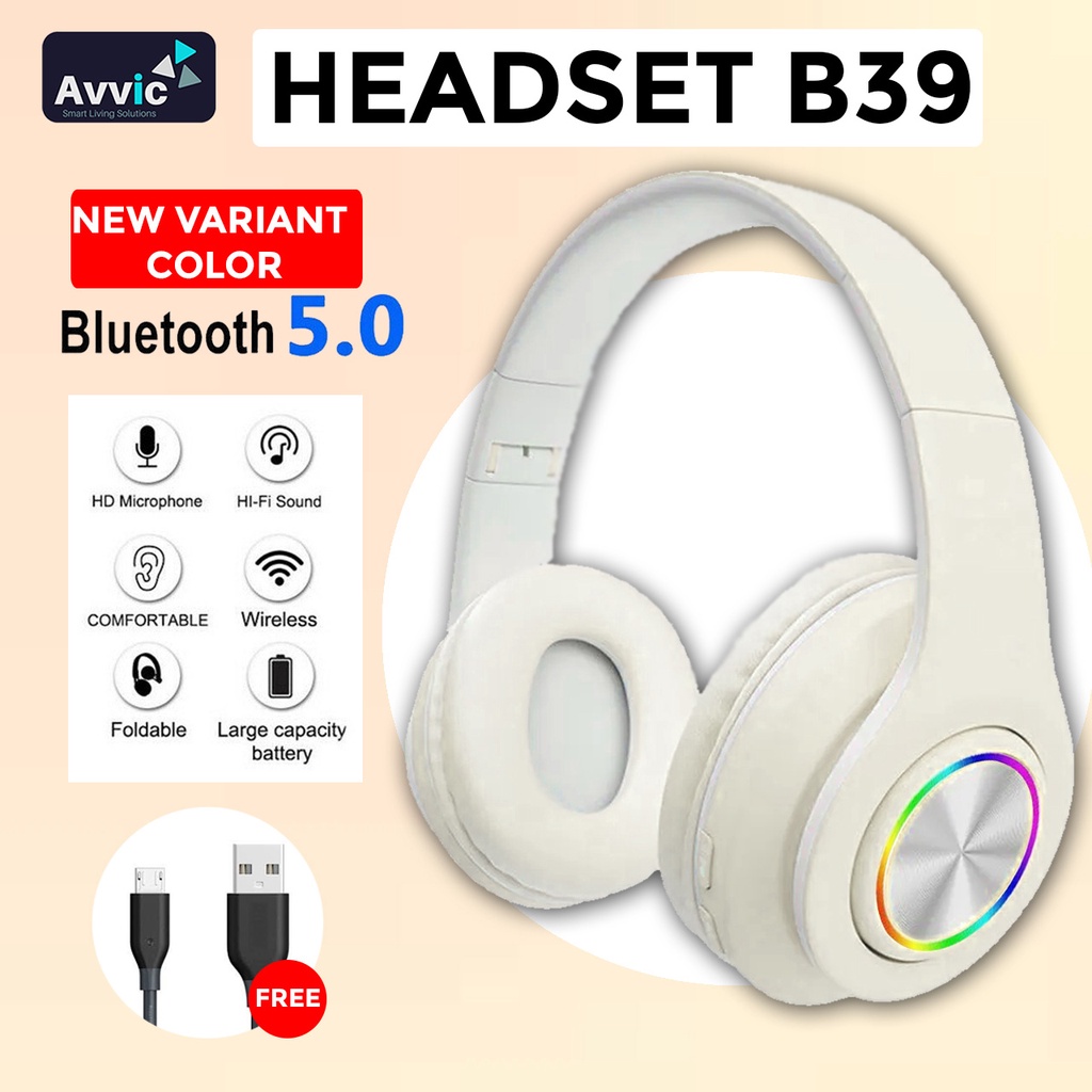 Avvic B39 Headphone Bluetooth 5.3 Wireless Headset Bando Mono Bass Hifi Sound Music RGB LED Light