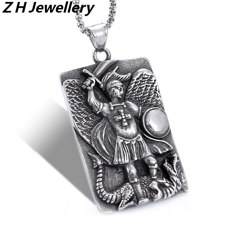 [Z H Perhiasan] Vintage Malaikat Ksatria Naga Meluncurkan Stainless Steel Liontin Hip Hop Pria Dan Wanita Fashion Kalung Punk Pesta Batu Baja Titanium Perhiasan Aksesoris