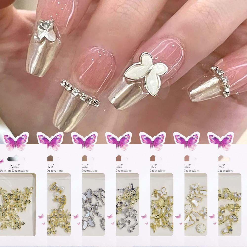 Agustina Busur Dekorasi Kuku Pesona Kuku Emas Perak Cinta Hati Kupu-Kupu Manikur Aksesoris Bunga 3D Nail Art Drills