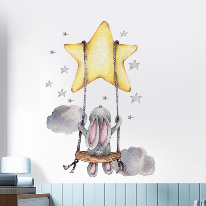 Bunny Baby Nursery Stiker Dinding Kartun Kelinci Swing on The Stars Wall Decals Untuk Kamar Anak PVC Removable Sticker DIY Dekorasi Rumah