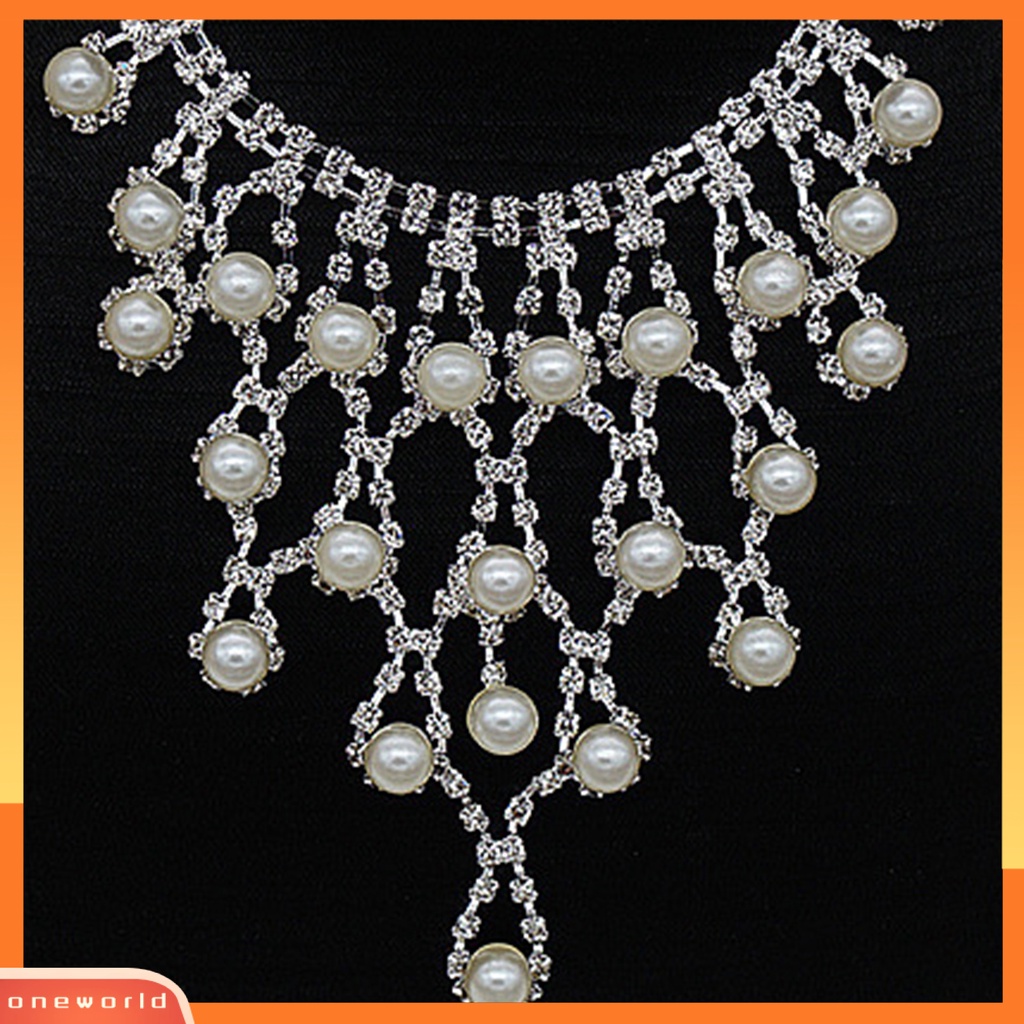 [ONE] 1set Kalung Pengantin Berlapis Mutiara Imitasi Jumbai Elegan Cantik Hadiah Mulia Hypoallergenic Berlian Imitasi Bertatahkan Stud Earrings Kit Perhiasan Pernikahan