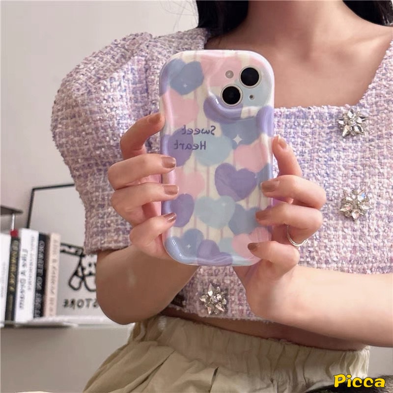 IPHONE 3d Wavy Curved Edge Shockproof Airbag Glossy Case Kompatibel Untuk Iphone7 8 6s 6 Plus 11 13 12 14 Pro Max XR X XS Max SE 2020 Ins Lukisan Cat Minyak Cinta Hati Lembut Tpu Cover