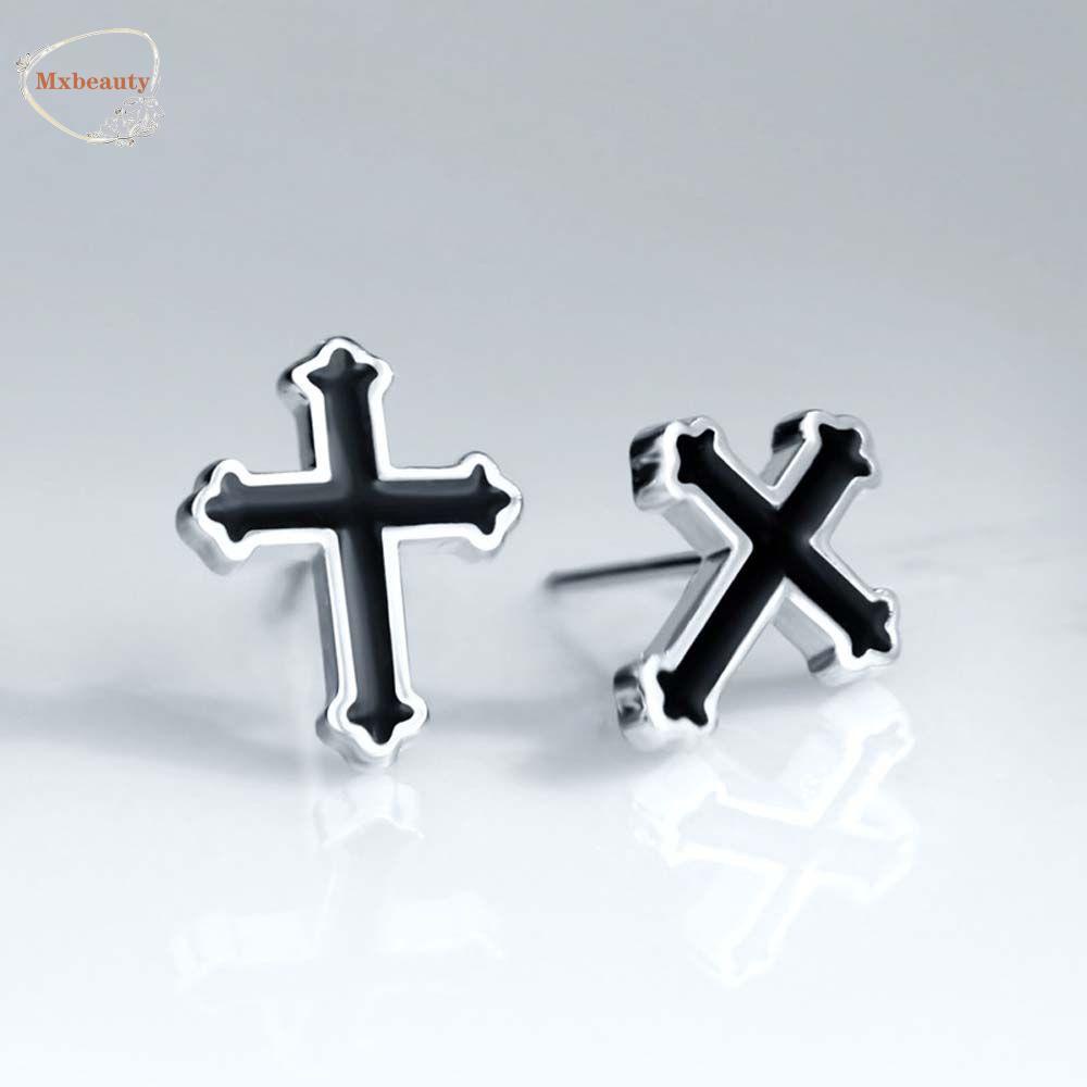 Mxbeauty Cross Ear Studs Gothic Vintage Cross Shaped Punk Warna Perak Kepribadian Pria Punk Earrings