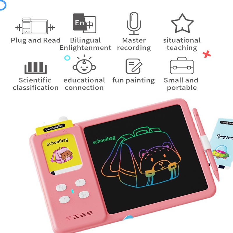 olla  Card Early Education Bilingual Device dan LCD Writing Drawing Tablet 2 in 1 Mainan Belajar Anak Pengenalan Kosakata Bahasa Inggris