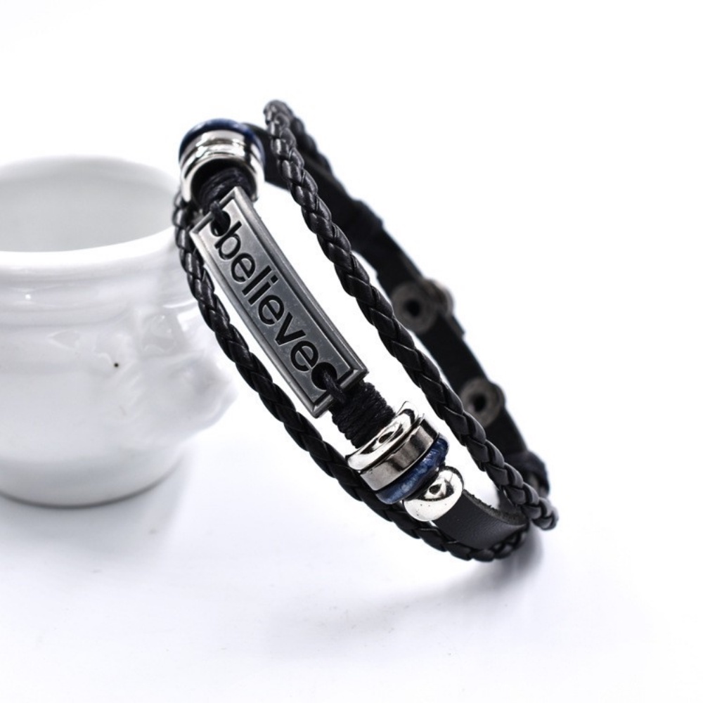 [XC Gelang] Fashionable Pria Empat Tombol Gelang Kulit Hip-hop Punk Gothic Retro Multi-layer Kulit Anyaman Gelang Perhiasan Aksesoris