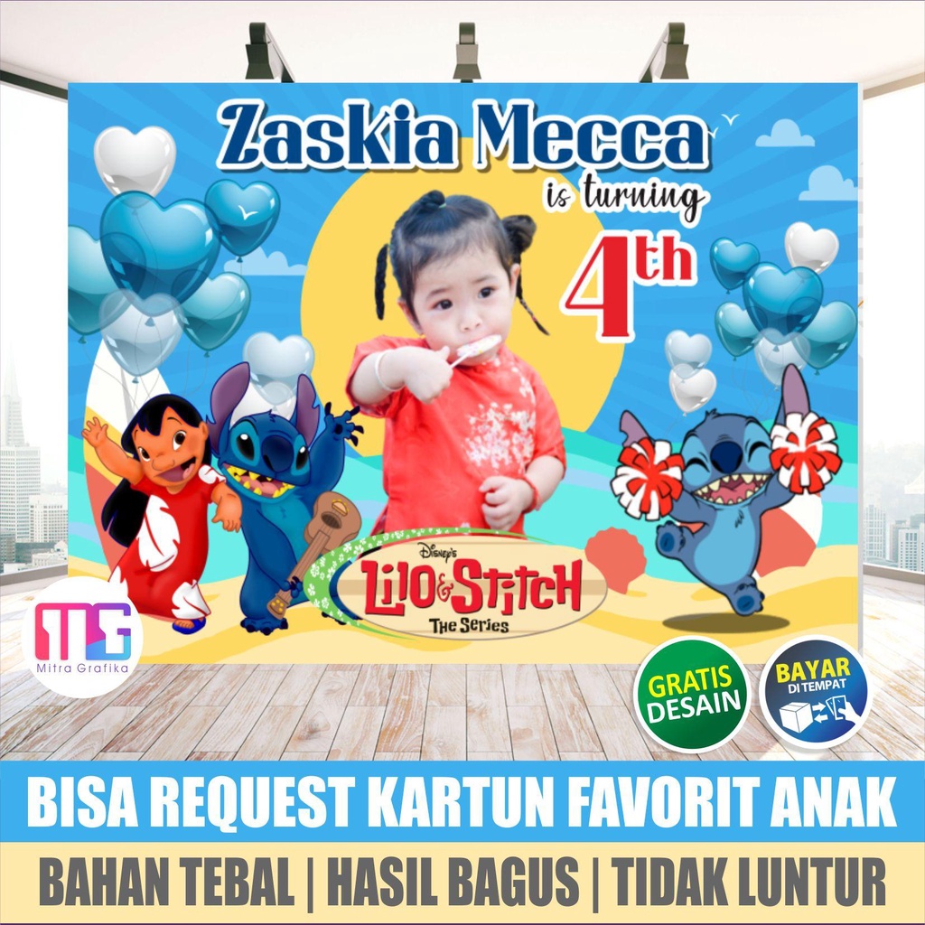 Cetak Spanduk ultah anak tema kartun stitch / banner ulang tahun anak perempuan dan laki laki  /back