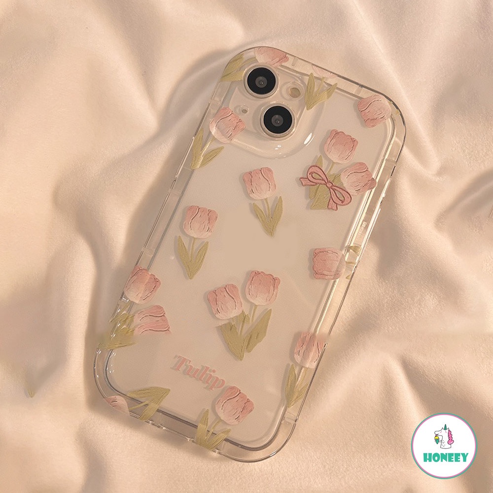 IPHONE Pink Lukisan Minyak Tulip Dengan Braket Tulip Pink Casing Ponsel Untuk Iphone14 13 12 11 Pro Max14 Plus TPU Shockproof Case Cover