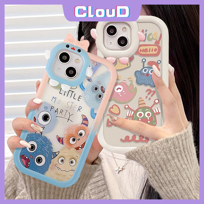 IPHONE Casing Ponsel Lensa Monster Kecil Busur 3D Kompatibel Untuk Iphone11 13 14 12 Pro Max7 8 14 6 6S Plus X XR XS MAX SE 2020 Kartun Monster Kecil Yang Lucu Lembut Tpu Penutup Belakang