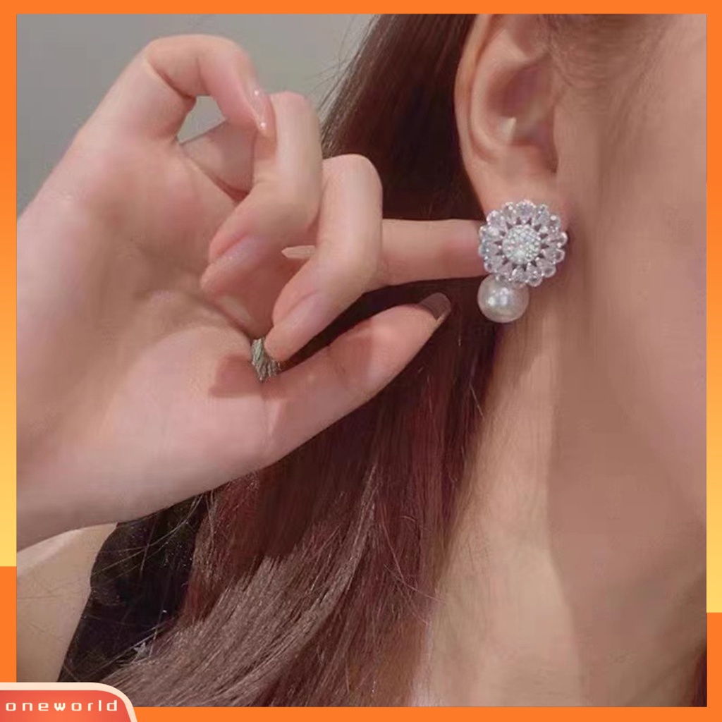 [EONE] 1pasang Drop Earrings Cubic Zirconia Shiny Charming Geometric High-end Dekorasi Aksesori Baroque Bunga Imitasi Mutiara Anting Perhiasan Pertunangan