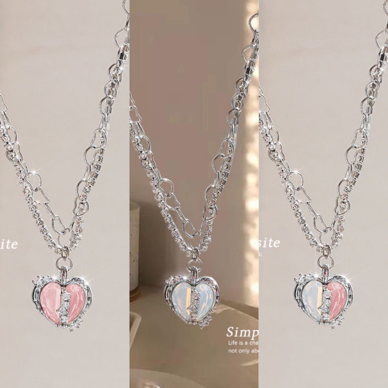 Kami Bunga Keren Manis Glossy Moonstone Kiri Kanan Hati Liontin Kalung Untuk Wanita Gadis Chic s925 Perak Zirkon Manik-Manik Tulang Selangka Rantai Kalung Perhiasan Hadiah