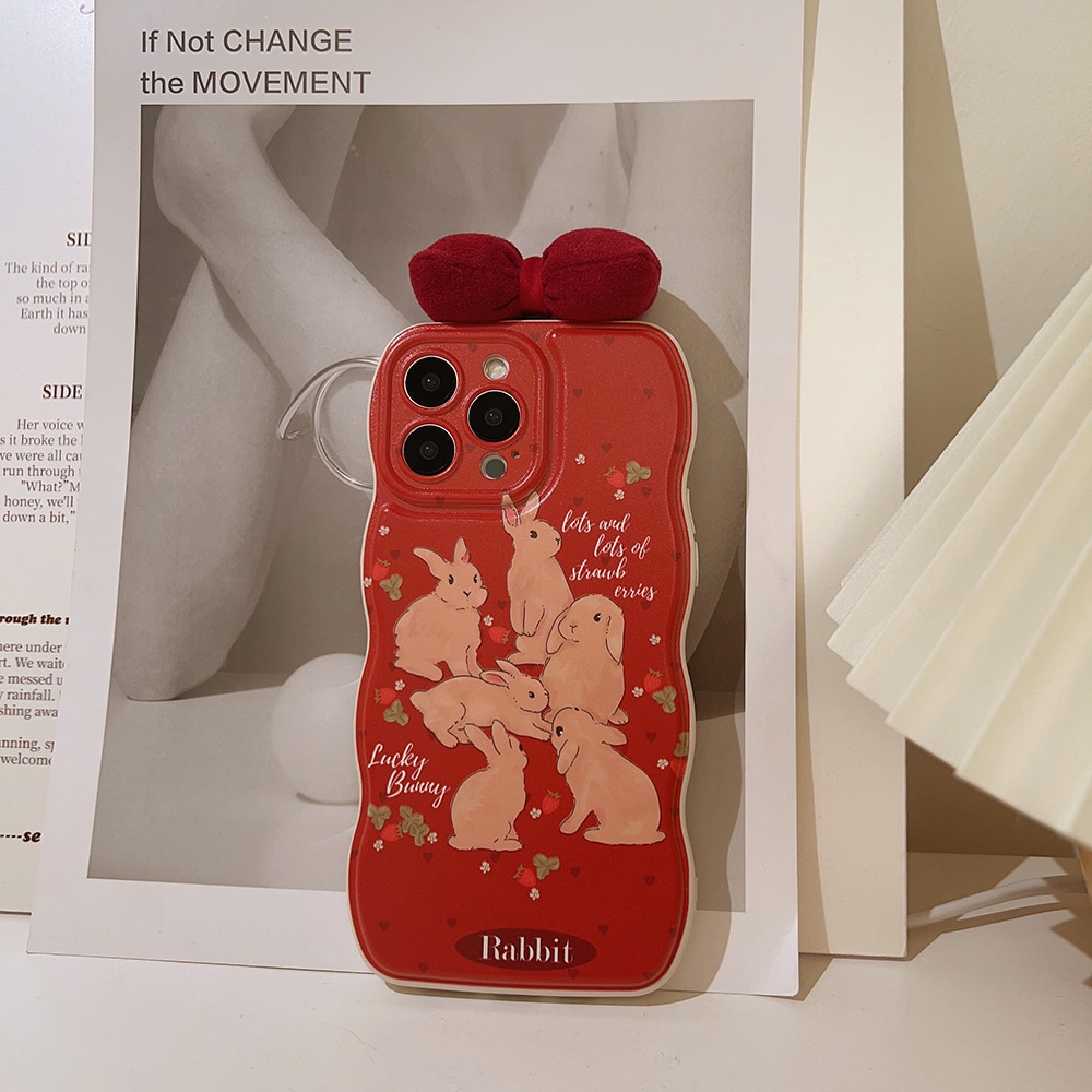 IPHONE Kartun Kelinci Rabbits Vintage Merah Perlindungan Penuh Dengan Kain 3D Busur Ponsel Case Cover Untuk Iphone11 12 13 14 PLUS PRO MAX