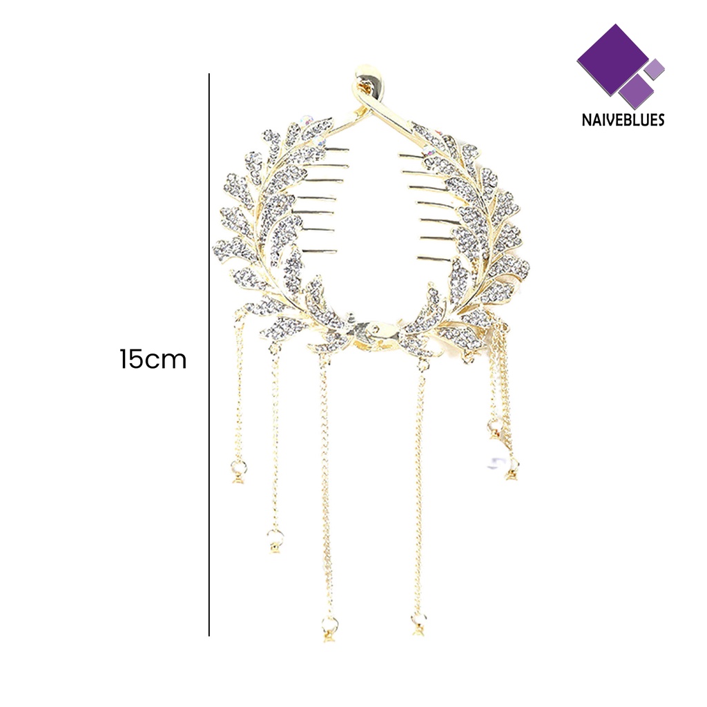 &lt; Naiveblues &gt; Bun Hair Claw Rhinestone Rumbai Bentuk Mutiara Imitasi Dengan Hiasan Gigi Bahan Alloy Mewah Anti-slip