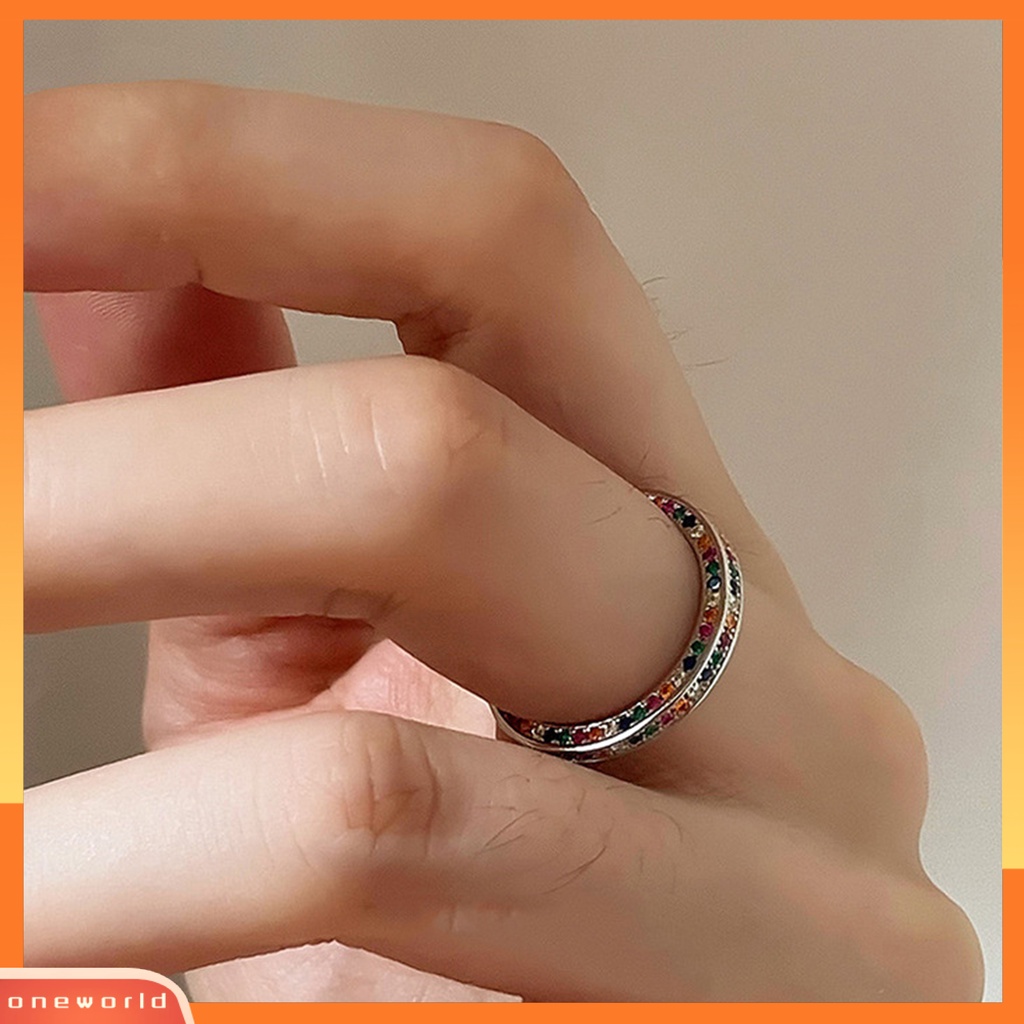 [EONE] Wanita Cincin Terbuka Dapat Disesuaikan Dipoles Warna Perak Pelangi Mengkilap Berlian Imitasi Bertatahkan Jari Cincin Fashion Perhiasan