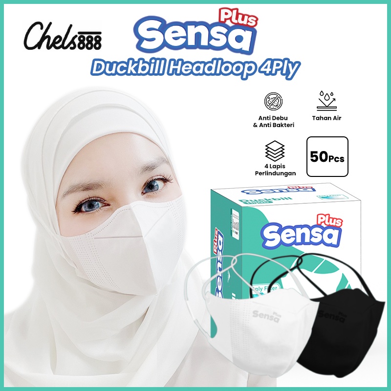 Masker duckbill hijab 4ply sensa plus headloop isi 50 pcs