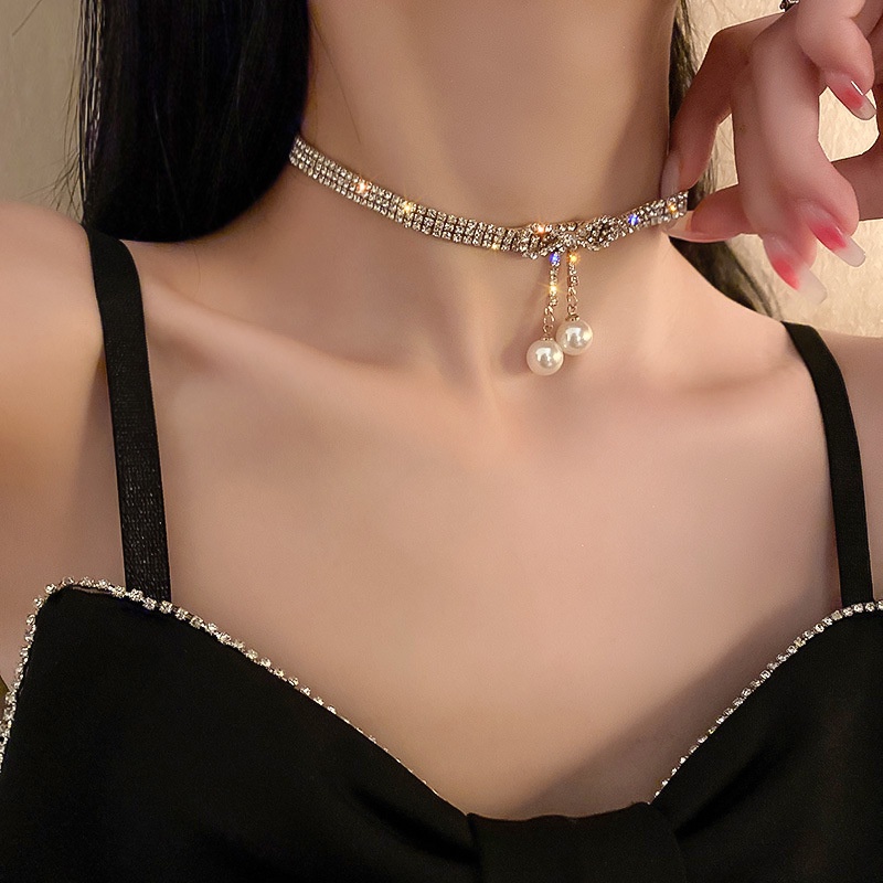 Vintage Y2K Silver Diamond Bowknot Choker Fashion Pearl Necklace for Women Jewelry Accessories