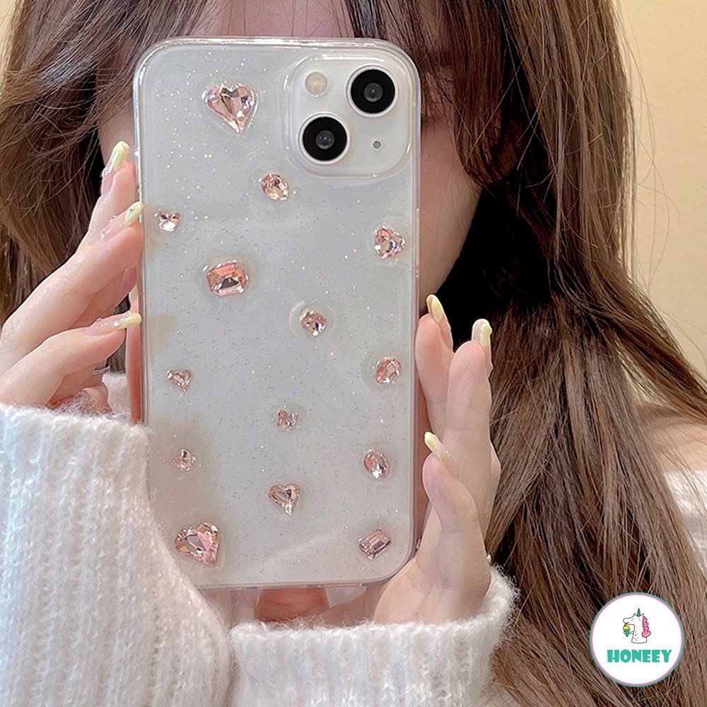 IPHONE Mewah Pink Lucu 3D Cinta Hati Berlian Mengkilap Bening Lembut Casing Ponsel Untuk Iphone12 14 13 11 Pro Max Glitter Berlian Imitasi Cover