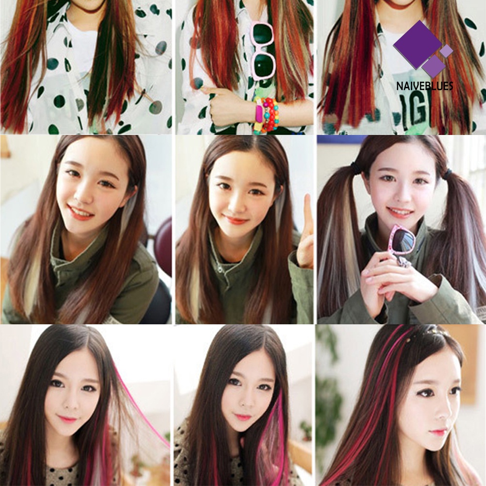 &lt; Naiveblues &gt; Rambut Sintetis Wanita Panjang Lurus Multi Warna Ekstensi Wig Pesta