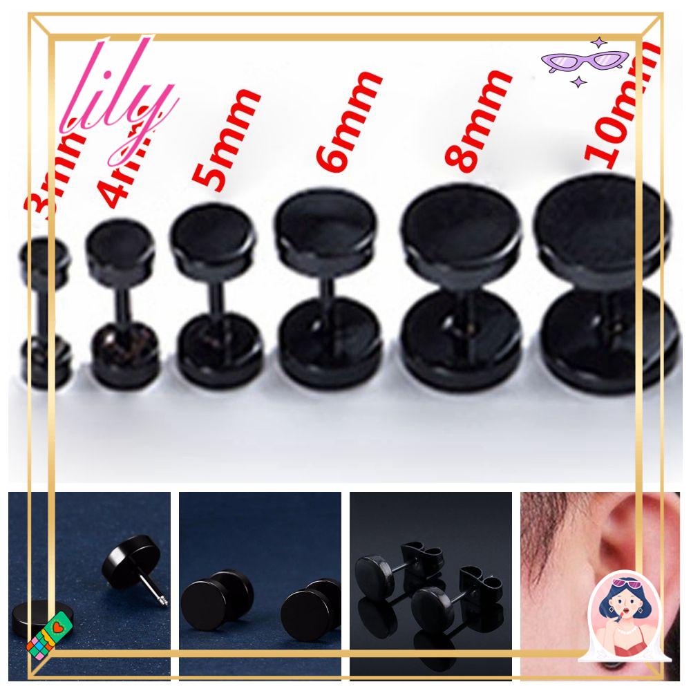 Lily 1pasang Anting Tusuk Bentuk Bulat Hitam Bahan Stainless Steel Cheater Plugs