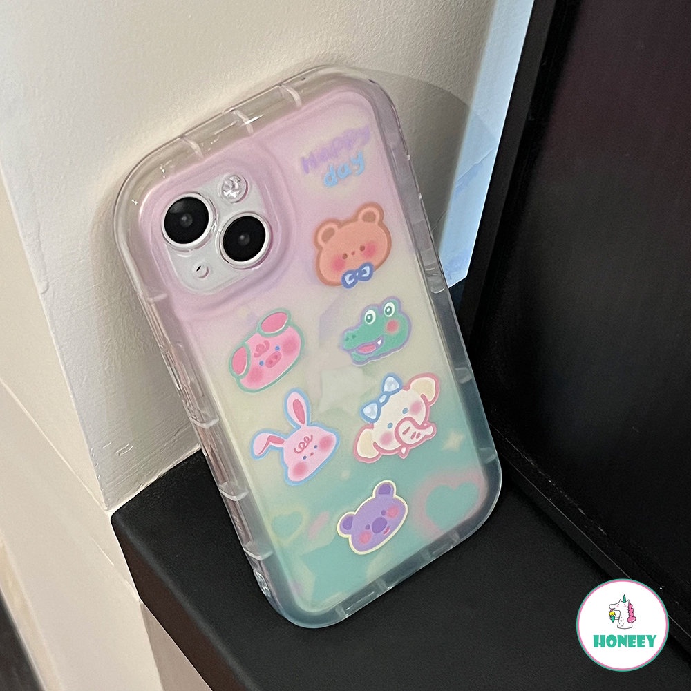 IPHONE Retro Happy Animal Zoo Gradien Casing Ponsel Shell Transparan Untuk Iphone14 13 12 11 Pro Max14 Plus Case Kartun Lucu Soft Cover