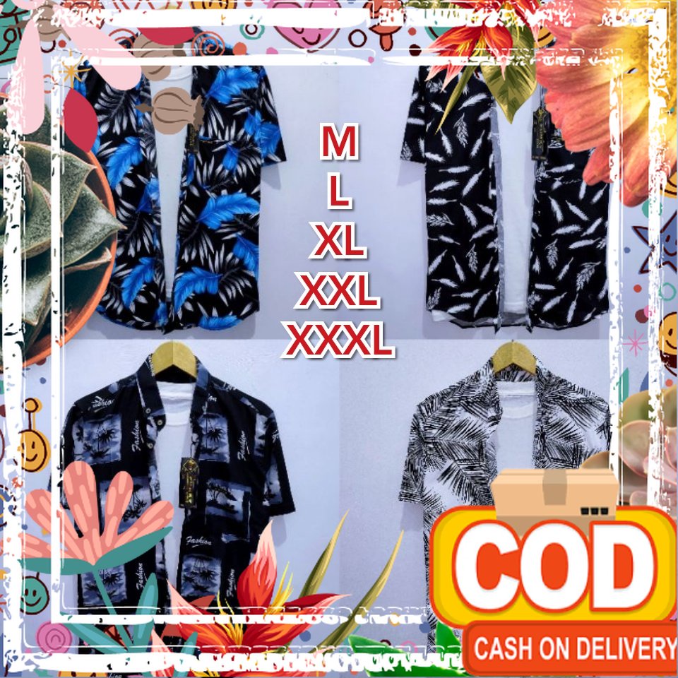 Kemeja Pria Motif Prin Lengan Pendek Kasual Jumbo XXL/XXXL Motif  Hawai Korea Bahan Katun Import Pre