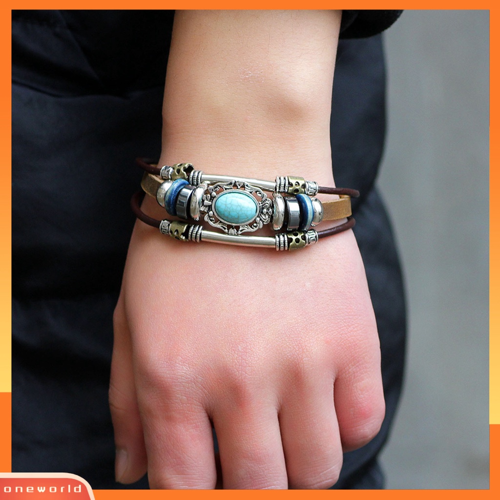 [EONE] Gelang Unisex Manik-Manik Perhiasan Imitasi Turquoise Gelang Rantai Tali Vintage Untuk Pakaian Sehari-Hari