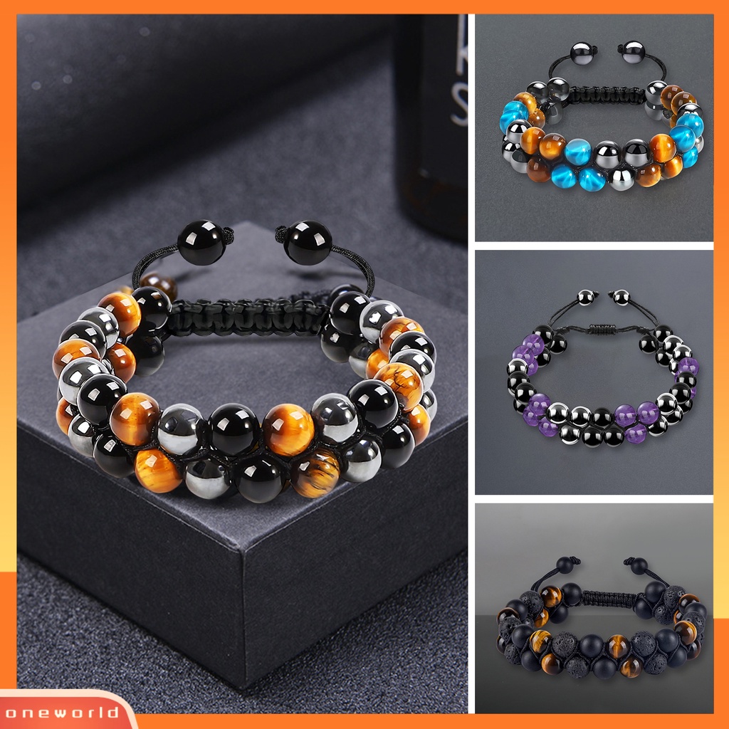 [EONE] Gelang Pria Dikepang Tali ic Double Layer Adjustable Serut Kepribadian Hias Tiger Eye Faux Rock Stone Pria Gelang Perhiasan Aksesori
