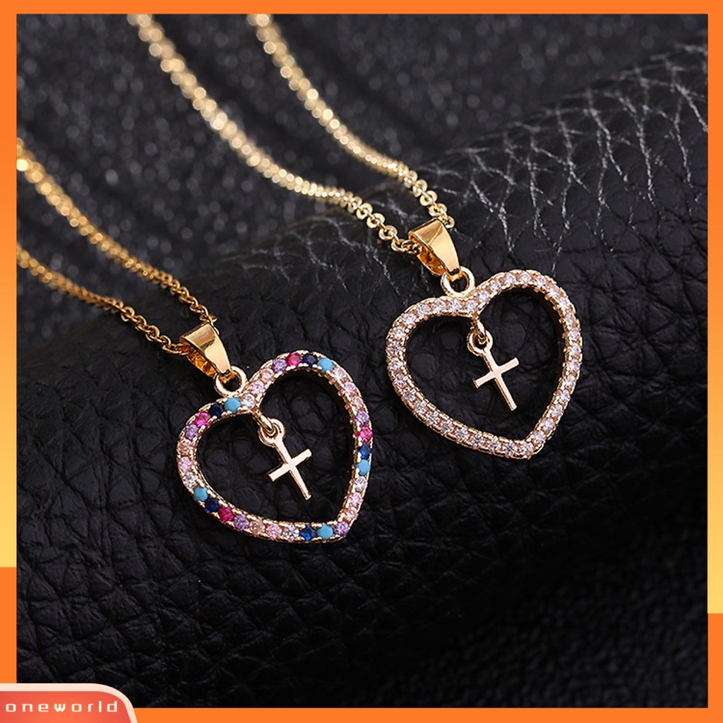 [EONE] Wanita Kalung Elegan Hadiah Anniversary Warna-Warni Berlian Imitasi Fashion Geometris Cinta Hati Salib Klavikula Rantai Kalung Untuk Pacaran