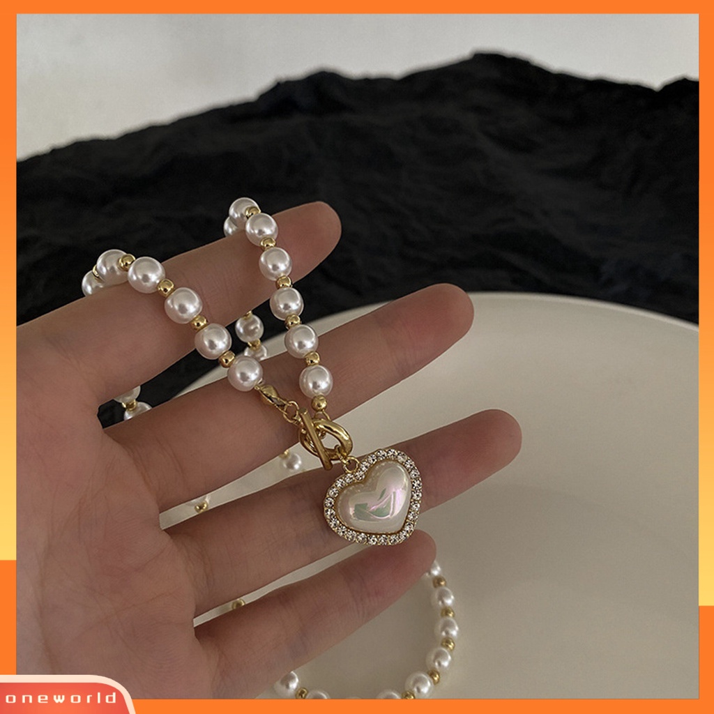 [EONE] Klavikula Kalung Elegan Jantung Shell Liontin Manik Manis Mengkilap Hias Hadiah Wanita Besar Putih Mutiara Imitasi Kalung Pesta Perhiasan